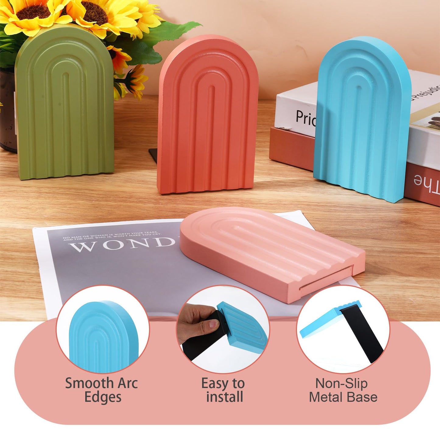 4Pcs Boho Arch Wooden Rainbow Bookends Cute Book Ends for Shelves Non Skid Wood Bookends Desert Pastels Book Holder Stand Stoppers for Home Office Back to School Library Kitchen Heavy Books