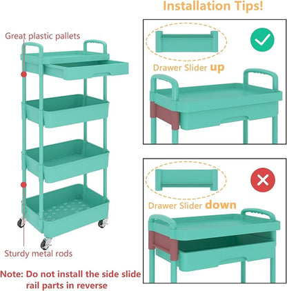 Calmootey 4-Tier Rolling Utility Cart with Drawer,Multifunctional Storage Organizer with Plastic Shelf & Metal Wheel,Storage Cart for Kitchen,Bathroom,Living Room,Office,Green