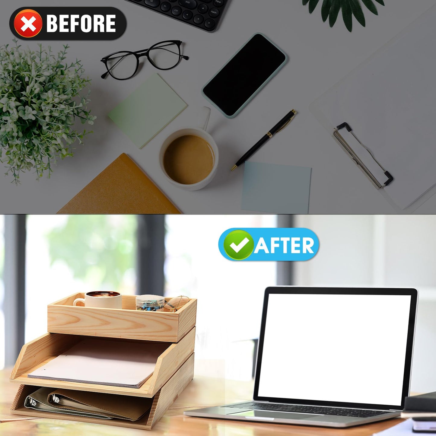 Beeveer 3 Pcs Wooden Letter Tray Wood Letter-Size Desk Organizer Heavy Duty 3 Tier Stackable Support Paper Tray Tabletop Inbox Drawer Desktop File Folder Magazine Office Back to School(Light Brown)