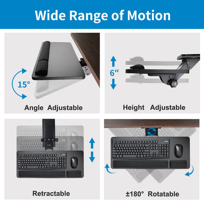 Cartmay Keyboard Tray Under Desk,25x9.84'' Large Slide Out Swivel Tilt Computer Keyboard Drawer for Home Gaming Office Desk, Dual Mount,Black