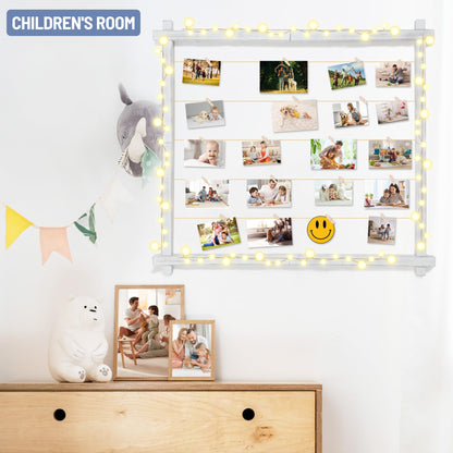 Wood Picture Frames Collage,Photo Display With 30 Clips,Hanging Picture Board Wall Decor for Dorm Graduation Letter Postcard Greeting Card Organizer,Pine,Adjustable Bead String,2 Pack,(Rustic White)