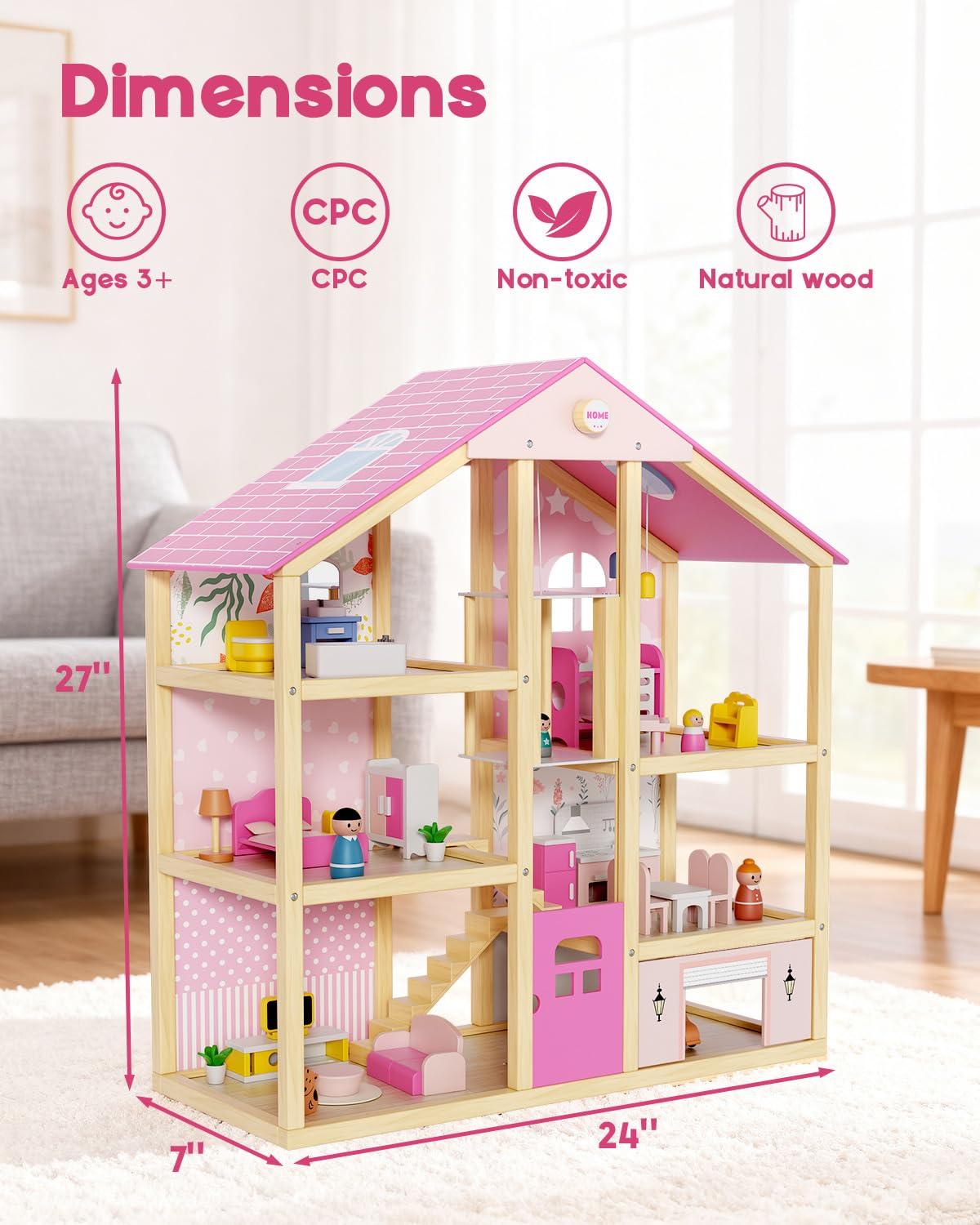 BIERUM Wooden Dollhouse for Girls, Large Pink Wooden Doll House with 39 Furniture Accessories, Elevator & Garage, 5 Rooms Modern Dollhouse for Toddlers, Pretend Play Toy Gift for Kids (Pink)