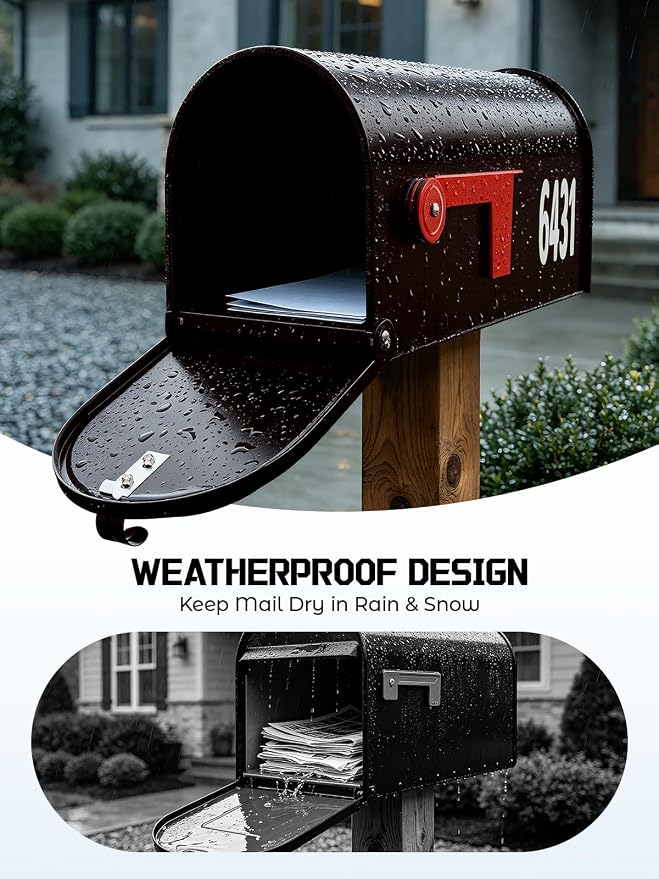 AZUNO Mailboxes for Outside, Metal Post Mount Mailbox with Red Flag & Address Numbers, Medium Capacity Mailbox for House, Galvanized Steel,19 * 8.9 * 7.1 inches, Dark Bronze