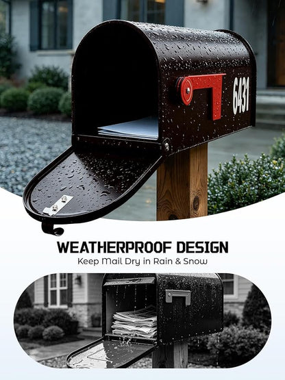 AZUNO Mailboxes for Outside, Metal Post Mount Mailbox with Red Flag & Address Numbers, Medium Capacity Mailbox for House, Galvanized Steel,19 * 8.9 * 7.1 inches, Dark Bronze