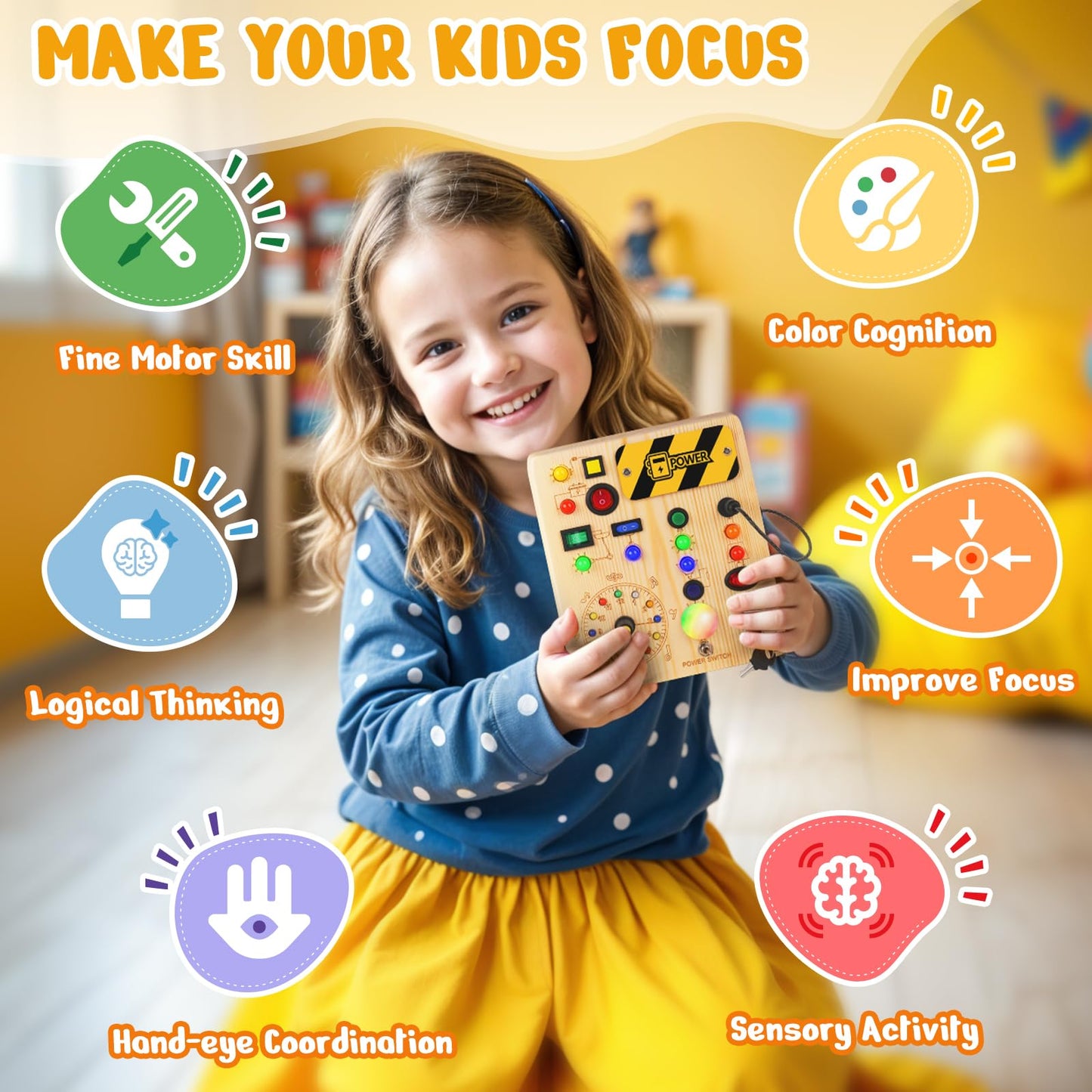 OAKJAR Busy Board with Led Light, Montessori Toys for 1-3 Years Old Boys Girls Wooden Toddler Toys Birthday Gift Educational Toys for 1+ Year Old, Toddler Travel Toy Sensory Toys for Kids with Autism