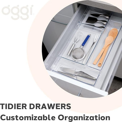 Oggi Set of 3 Clear Drawer Organizers - (1) 6x6.25, (1) 6.25x9.25, (1) 6.25x15.75 - Ideal for Organizing Kitchen Drawers, Office, Desk, Silverware, Kitchen Utensils, Cosmetics and Bathrooms