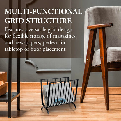 MyGift Matte Black Metal Magazine Rack, Deluxe Mid Century Wire Magazine Rack, Tabletop or Floor Standing Sling Basket for Magazines and Newspapers