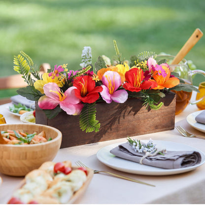 Rivvlive 2PCS Artificial Hibiscus Flowers Table Centerpieces in Wooden Box, 11 inch Summer Beach Wood Box with Realistic Hibiscus Fake Floral Decoration for Hawaiian Luau Beach Party Dining Table