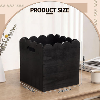 LemonRoad 2 Pcs 11 Inch Wooden Storage Bins with Scalloped Edge Stackable Wooden Storage Cubes Black Decorative Wood Crates for Book Shelves Vinyl Records, Pantry Closet Toys, Easy Assembly