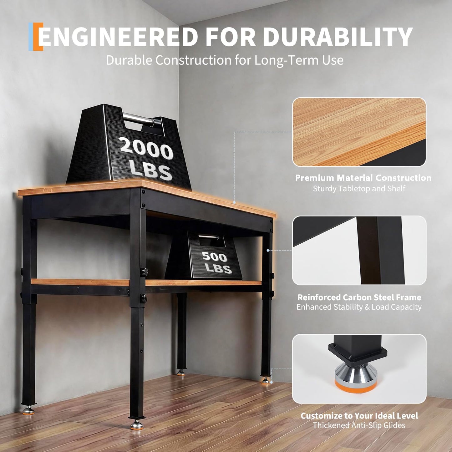 60" Adjustable Workbench with Power Outlet, Storage Shelf, 2500 LBS Work Bench 60" x 24"