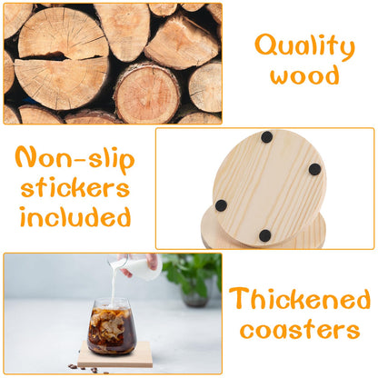 HJZHII 100 Pcs Unfinished Wood Coasters, 4 Inch Blank Wooden Coaster with Non Slip Foam Pad for DIY Stained Drawing Painting Wood Crafts Engraving Home Decoration Supplies(Round)