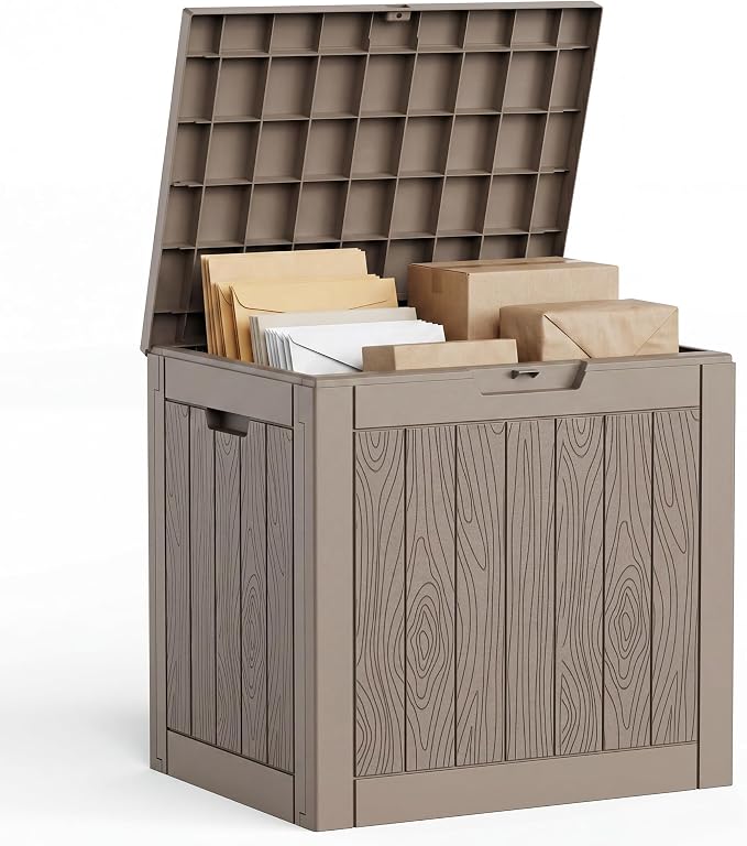 35 Gallon Package Delivery Boxes for Outside, Resin outdoor storage bin with a wood-grain pattern, Storage Cabinet for Parcel Shipping & Storage