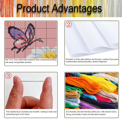 4 Pack Stamped Cross Stitch Kits for Adults - Cross Stitch Kits for Beginners,11 CT Insect Flowers Cross Stitch Patterns Dimensions DIY Counted Cross Stitch Kits for Adults Arts Craft 12x16 inch