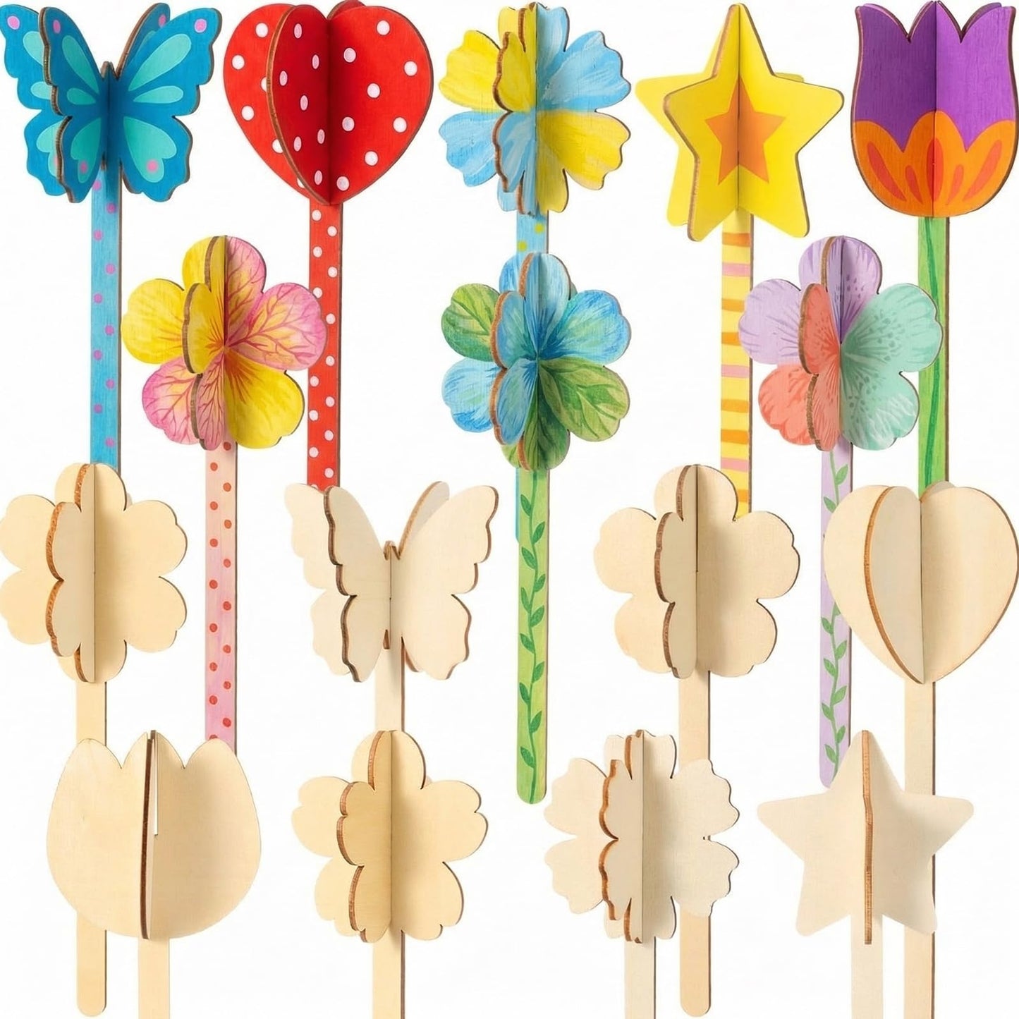 DoubleFill 16 Set DIY Wood Flowers Plant Stakes 3D Paintable Wooden Butterfly Cutouts Spring Flower Pot Unfinished Wood Ornament Fairy Wands Crafts for Painting Gift