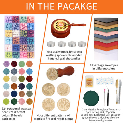 Kit,Dried Flower Accessory Tools,Premium Wax Seal Stamp Kit with 24 Colors 624 Pcs Beads, 4 Pcs Stamps, Sealing Wax Warmer, Envelope, Candles for Wedding Birthday Gift and DIY Craft