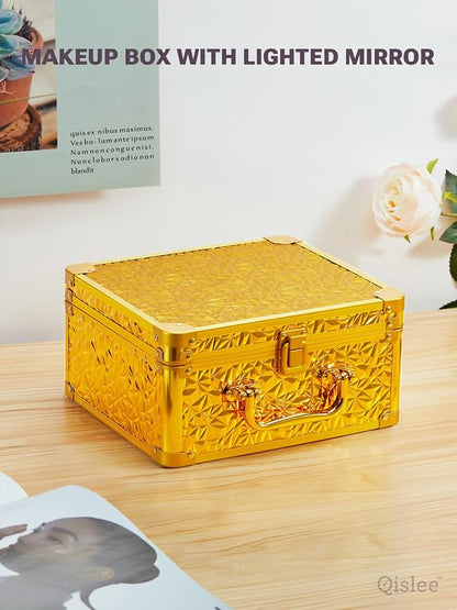 Qislee Makeup Box with A Detachable Lighted Mirror, Waterproof Travel Train Case, Cosmetic Organizer Bag and Makeup Suitcase with Adjustable Dividers, Magnetic LED Mirror (Bling Gold)