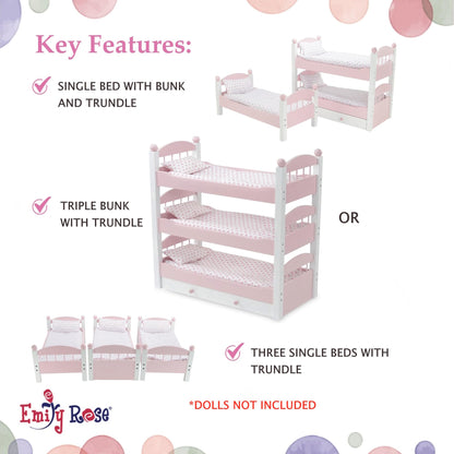 Emily Rose 18" Doll Triple Bunk Bed Set - 3 Stackable Beds with Bedding (Pillow, Mattress Blanket) & Storage Drawer | American Girl Compatible | Ages 5+