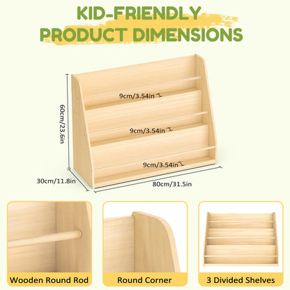 XiaZ Kids Bookshelf, Wooden Montessori Bookshelf for Toddlers with Front-Facing Display, Baby Book Display Shelves for Small Spaces, Childrens Book Organizer for Playroom, Nursery & Classroom, 3-Tier