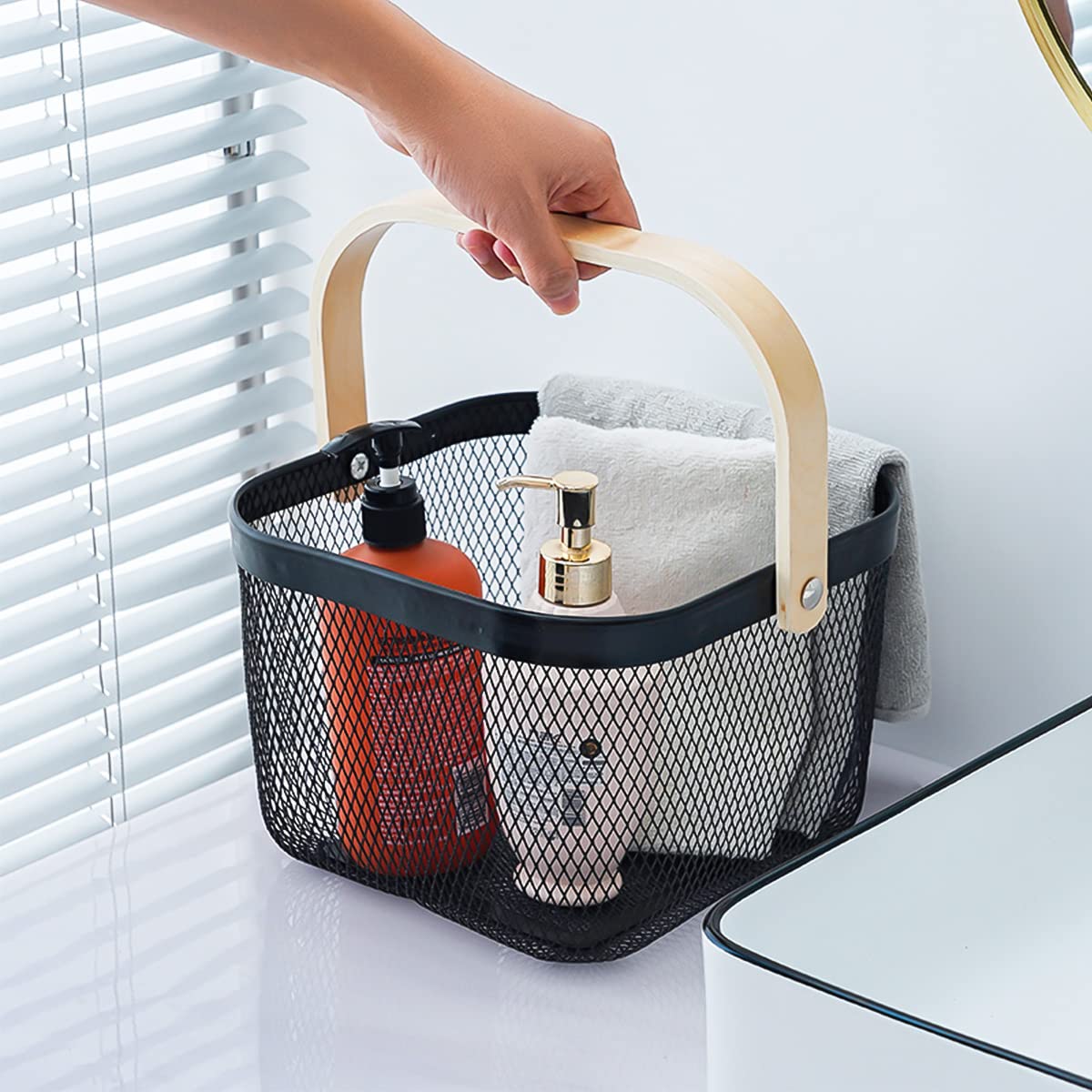Ymeibe Mesh Steel Storage Organizer Basket Fruit Basket Bin with Wood Handle Ideal for Kitchen Bathroom Picnic Baskets Pantry Cabinets Storage Home Decor (Black)
