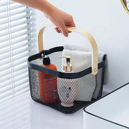 Ymeibe Mesh Steel Storage Organizer Basket Fruit Basket Bin with Wood Handle Ideal for Kitchen Bathroom Picnic Baskets Pantry Cabinets Storage Home Decor (Black)
