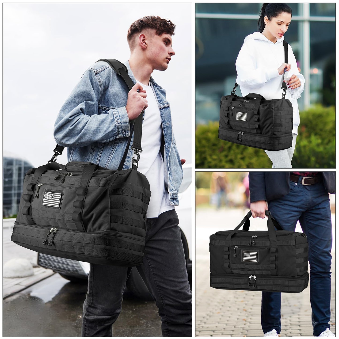 ETRONIK Travel Bag for Men Women, Gym Bag & Tactical Duffle Bags for Travel, Carry on with Toiletry Bag and Shoe Compartment, Weekender Overnight Trip with Wet Pocket for Workout Medical, Black