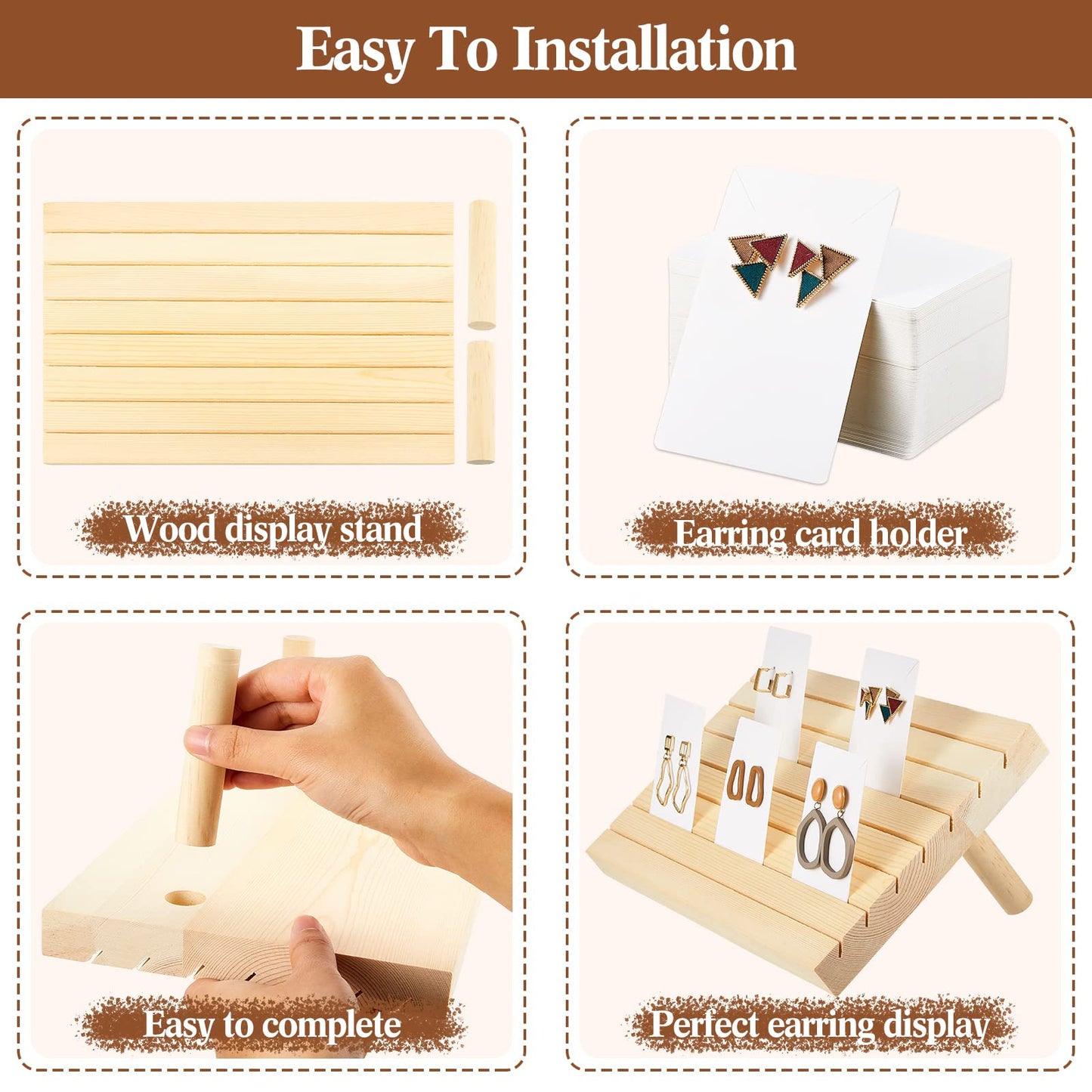Marsui 62 Pcs Wood Earring Display Stand Earring Card Display 2 Sets of Holder with Cards Jewelry Stands for Selling(Wood Color)