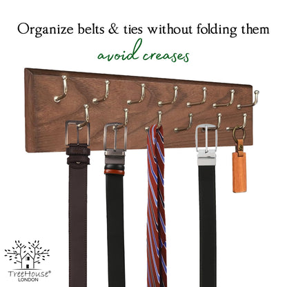 Treehouse Belt Organizer Rack, Holds Over 28 Large Belts, Sturdy Metal & Sturdy Wood Storage Holder for Closet, Versatile, Wall Mounted Belt & Tie Display Hanger for Bedroom - (Walnut) 4.25''Hx16''L