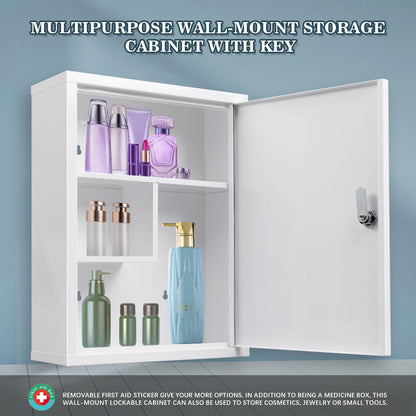 KYODOLED Wall Mount Locking Medicine Cabinet, Large Capacity First Aid Cabinet for Bathroom, Medicine Cabinet with Key, Secure Steel Lock Box for Medication, 15.75" H x 11.82" W x 4.72" D, White