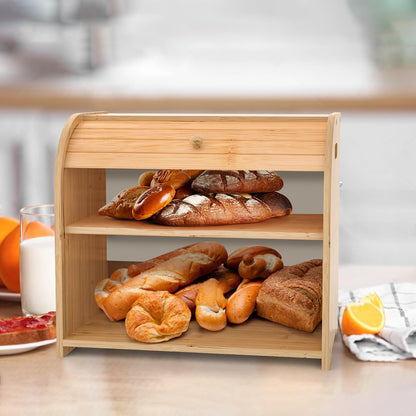 FoverOne Bamboo Bread Box for Kitchen Countertop, Roll-top Breadbox Breads Storage Boxe with Adjustable Middle Shelf