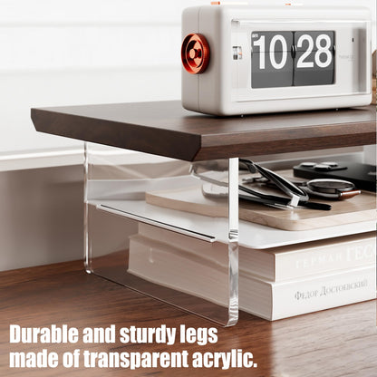 FENSULN Dual‑Tier Monitor Stand for Modern Desk Setup – Minimalist Wooden and Metal Riser Shelf with Transparent Acrylic Feet for Dual Monitors, Laptops, Home Office Aesthetic，Brown and White