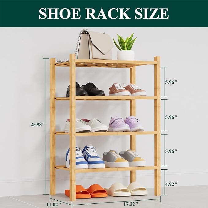 Smiry Small Bamboo Shoe Rack, 4 Tier Free Standing Wooden Shoe Organizer, Stackable Wood Shoe Storage Shelf for Closet, Entryway, 14 Vertical Slats, 2+2 Stack Heavy-Duty Legs, 17.3"x11"x26", Natural
