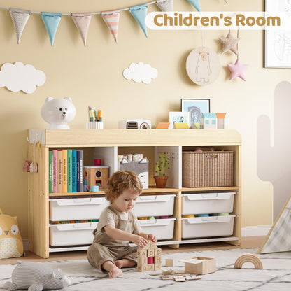 6-Plastic Storage Bins Wooden Storage Containers, Cube Toy Storage Box Organizer with Side Pegboard & Compartments, Drawers for Home Office, Dormitory, Classroom, Craft Room, Playroom Storage(White)