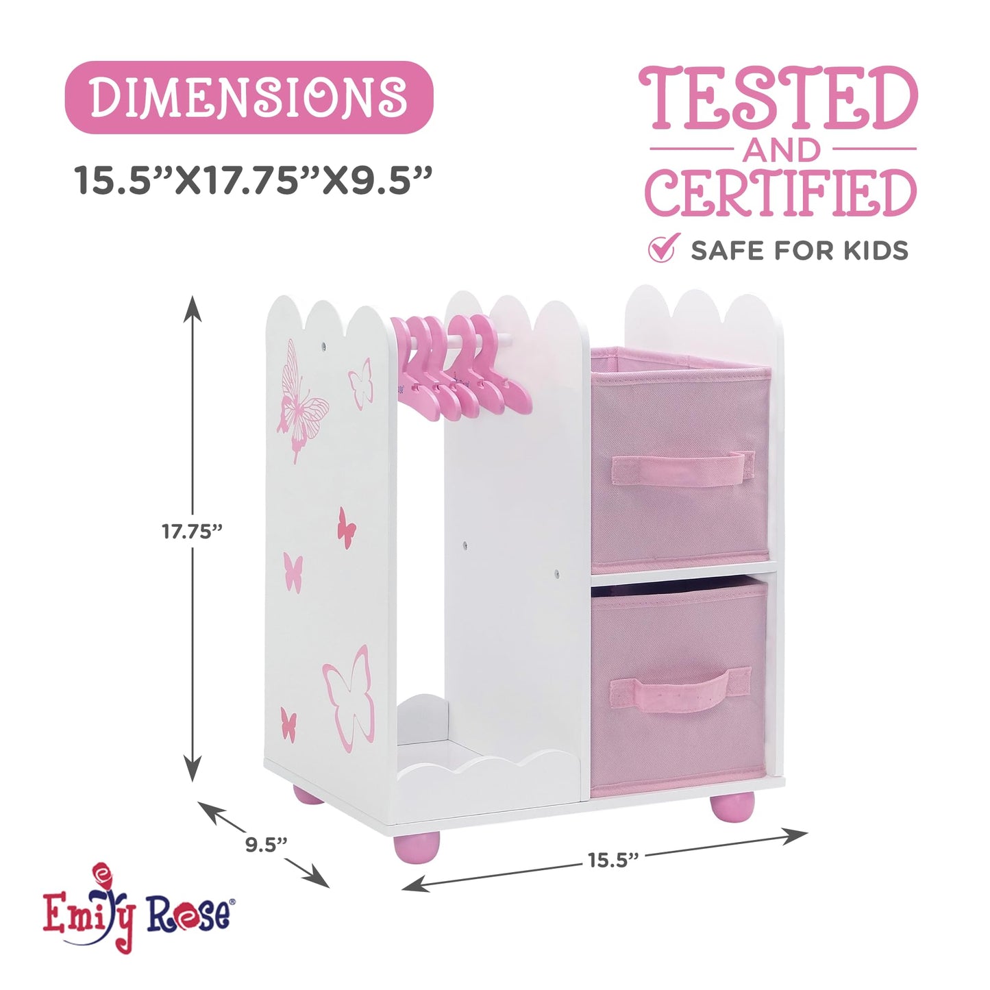 Emily Rose 18" Doll Open Wardrobe Closet - Butterfly Collection Storage Closet with 5 Hangers & 2 Large Fabric Bins | American Girl Compatible | USA Brand