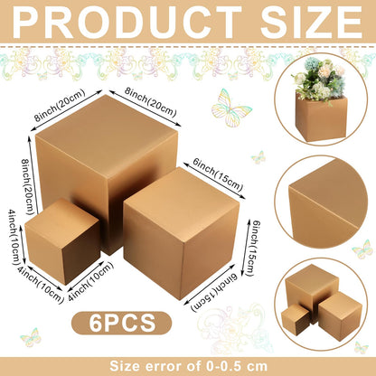 BBTO 6 Pcs Wooden Gold Buffet Risers, 3 Sizes Gold Wood Display Stands for Dessert Table, Countertop Square Cube Display Risers for Wedding Centerpieces Party Food Jewelry Plant Photography Props
