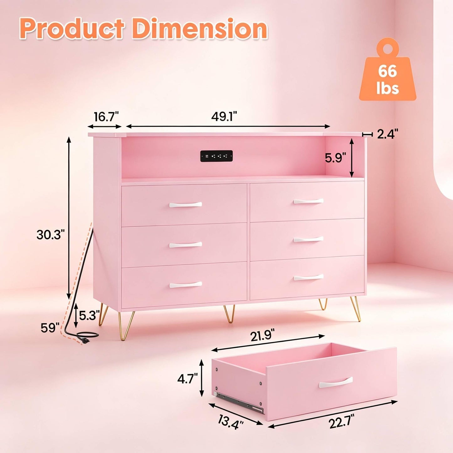GarveeHome Modern 6-Drawer Dresser with Power Outlet & LED Light | Wooden Chest with 2-Tier Open Shelves & Wide Drawers for Bedroom, Living Room, Entryway, or As a TV Stand