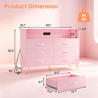 GarveeHome Modern 6-Drawer Dresser with Power Outlet & LED Light | Wooden Chest with 2-Tier Open Shelves & Wide Drawers for Bedroom, Living Room, Entryway, or As a TV Stand