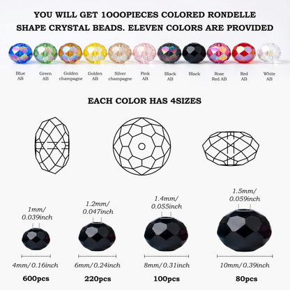 QINJIEJIE 1000Pcs 4/6/8/10mm Black Glass Beads for Jewelry Making Assorted Glass Beads for Suncatchers Bulk Crystal Beads for Bracelets Necklace Pendants Making DIY Supplies (Black)
