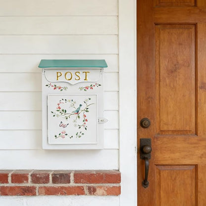 Mailbox Wall Mount Mailboxes for Outside Vintage Mail Boxes for House Outside Metal Drop Box Antique Style Nostalgic Charm Home Decorative, Flower Pattern, White