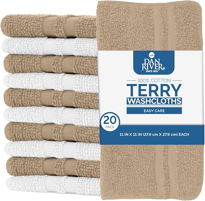 DAN RIVER 100% Cotton Washcloths 20 Pack Premium Quality Face and Body Cloth