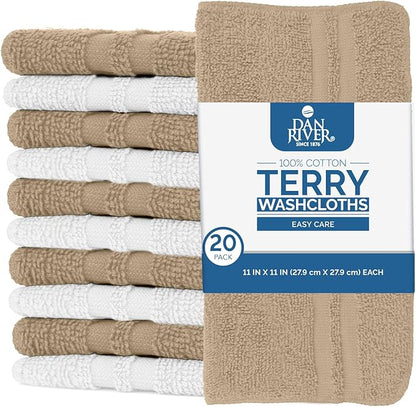 DAN RIVER 100% Cotton Washcloths 20 Pack Premium Quality Face and Body Cloth