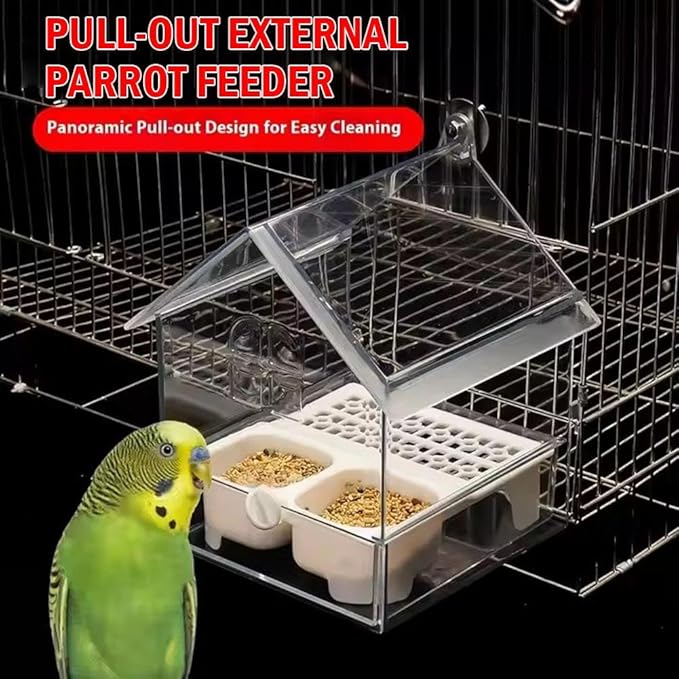 Pull-Out External Parrot Feeder, Hanging Wild Bird Seed with Squirrel Proof Tray, Acrylic Transparent Bird Bath Tub, Easy to Refill and Clean, Food Dispenser for Balcony Garden Fence (White)