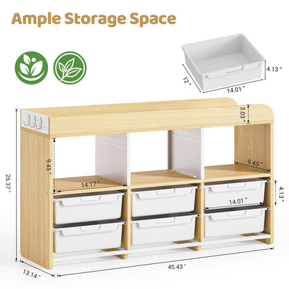 6-Plastic Storage Bins Wooden Storage Containers, Cube Toy Storage Box Organizer with Side Pegboard & Compartments, Drawers for Home Office, Dormitory, Classroom, Craft Room, Playroom Storage(White)