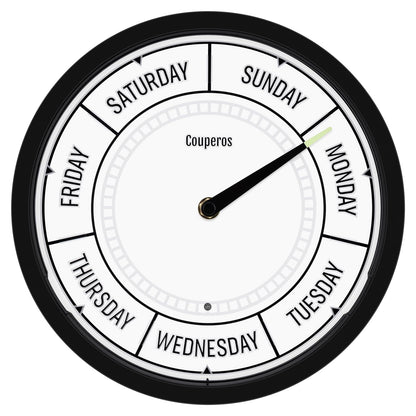 Couperos Day of The Week Wall Clock with Night Light - 12" Analog Silent Non-Ticking Clock with LED Night Light, Calendar Day Clock Perfect for Home, Office, and Retirement Gifts