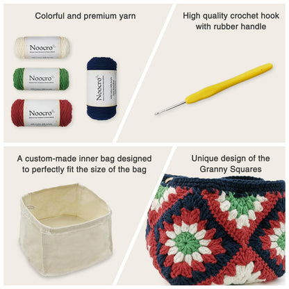 Noocro Crochet Kit Granny Square Shumai Bag, Purse, Complete DIY Kit, Detailed Instructions, Video Tutorials, for Beginners or Intermediate and Advanced Crocheters (Roma Rose)