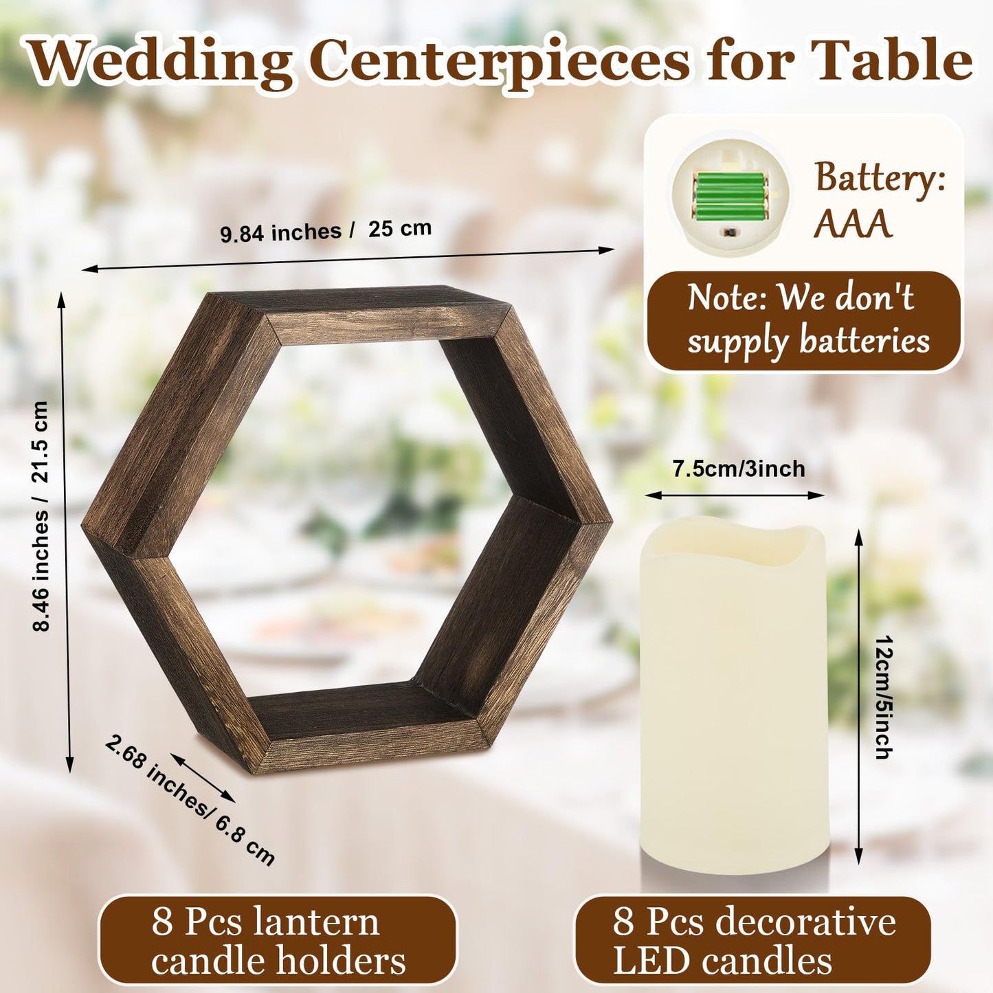 Colingmill 16 Pcs Wooden Candle Lantern Set Includes 8 Rustic Wedding Centerpieces for Table Decorative Candle Lanterns and 8 Flameless Decorative LED Candles for Wedding, Dark Brown, Hexagon