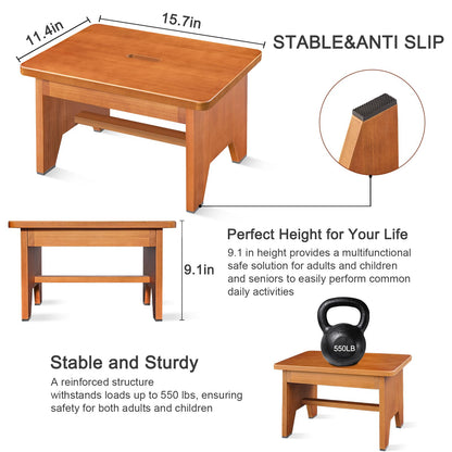 Wooden Step Stool for Adults,9.1''High One Step Stool for High Bed/Kitchen Riser,550 Lbs Beside Step for Elderly Kids-Sturdy/Durable Footstool,Nonslip Stepping Stool for Bedroom/Kitchen/Bathroom