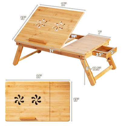ReunionG Bamboo Laptop Desk with Drawer, Height Adjustable and 4-Level Tilting Desktop, Foldable and Portable Lap Tray with Heat-Dissipation Holes, Tray Table Stand for Surfing Reading Writing Eating