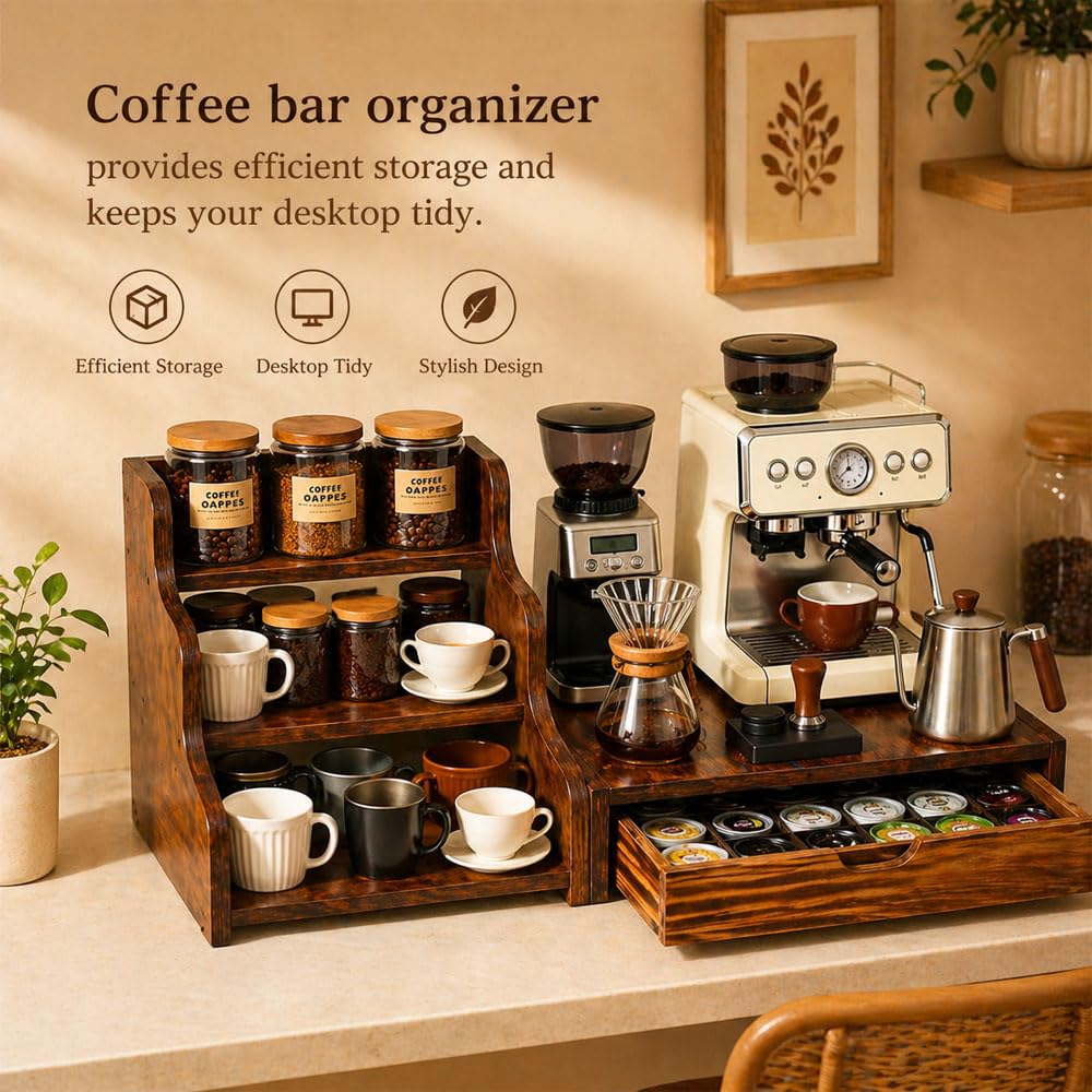 Wooden K Cup Coffee Station Organizer, 3-Tier Rack with Coffee Pods and Tea Organizer Holder,K Pod Drawer Coffee Maker Stand,Coffee Bar organizer Countertop for Accessories