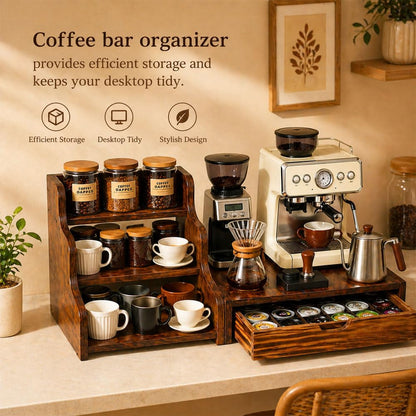 Wooden K Cup Coffee Station Organizer, 3-Tier Rack with Coffee Pods and Tea Organizer Holder,K Pod Drawer Coffee Maker Stand,Coffee Bar organizer Countertop for Accessories