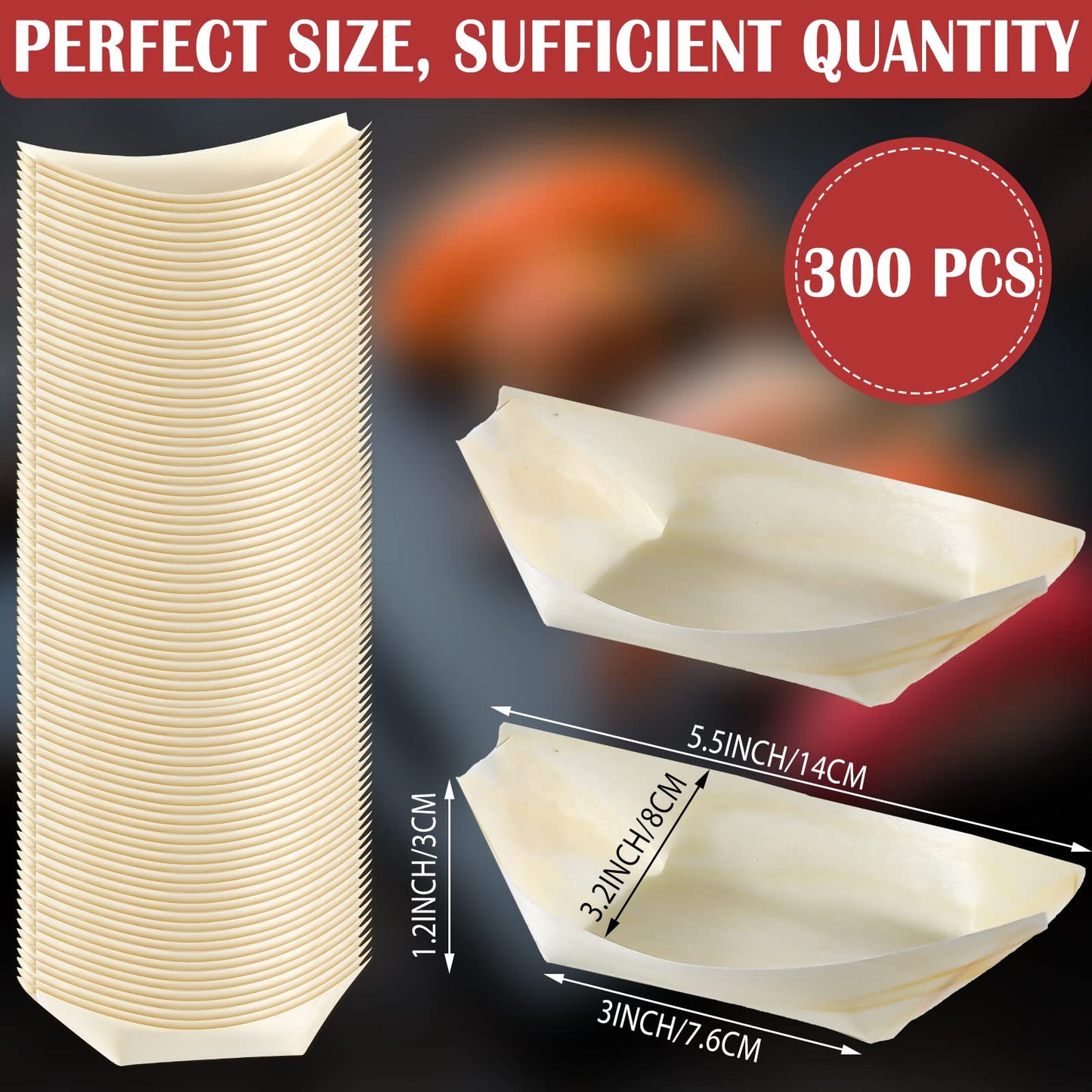 Newtay 300 Pcs Disposable Bamboo Boat Plates 5.5'' Small Appetizer Wooden Leaf Boat Plates Sushi Serving Tray Food Dishes Container Bowl for Catering Home Holiday Party Use